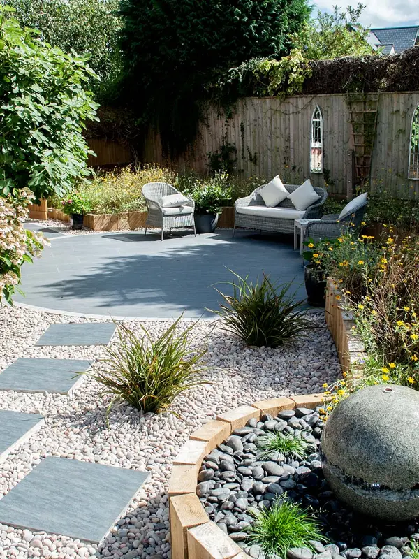 Multiple Seating Zones in Mature Garden — what we built