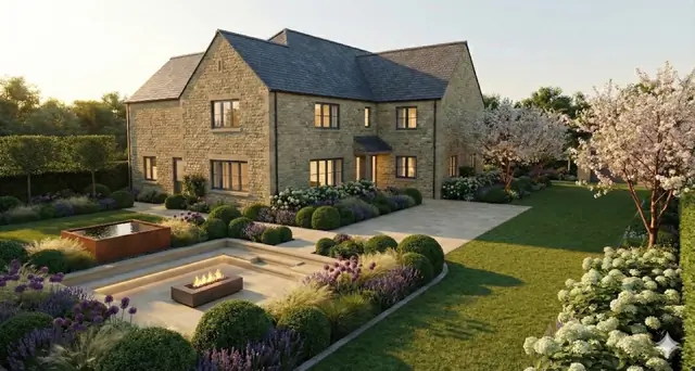 Photoreal 3D garden visualisation 1, produced by the George-Stone Gardens design studio before construction began