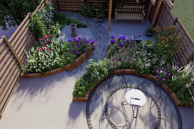 Photoreal 3D garden visualisation 14, produced by the George-Stone Gardens design studio before construction began