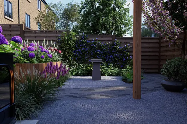 Photoreal 3D garden visualisation 22, produced by the George-Stone Gardens design studio before construction began