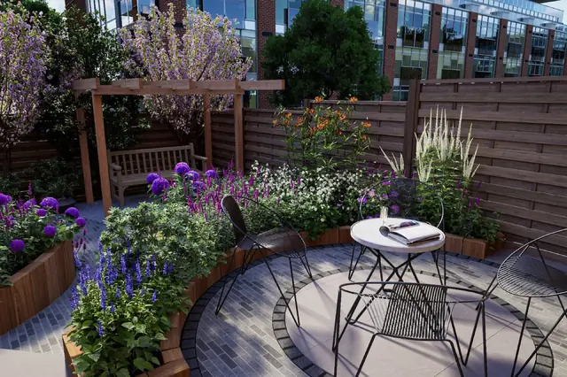 Photoreal 3D garden visualisation 25, produced by the George-Stone Gardens design studio before construction began
