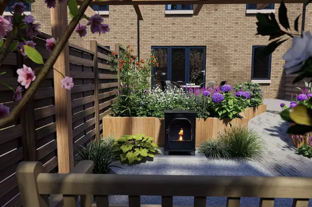 Photoreal 3D garden visualisation 26, produced by the George-Stone Gardens design studio before construction began