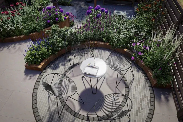 Photoreal 3D garden visualisation 29, produced by the George-Stone Gardens design studio before construction began