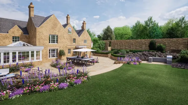 Photoreal 3D garden visualisation 37, produced by the George-Stone Gardens design studio before construction began