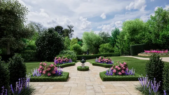 Photoreal 3D garden visualisation 39, produced by the George-Stone Gardens design studio before construction began