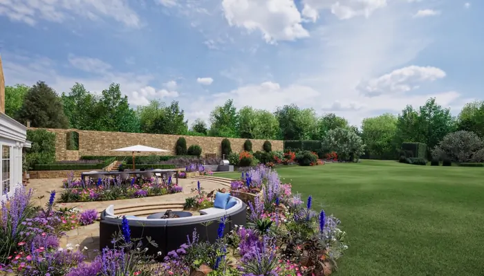 Still from a design flythrough: walled garden terrace with outdoor kitchen, dining table and lavender borders