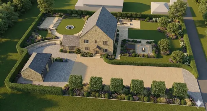 Aerial view of a complete garden design model: stone house, lawns, parterre, fire-pit court and clipped hedging seen from above