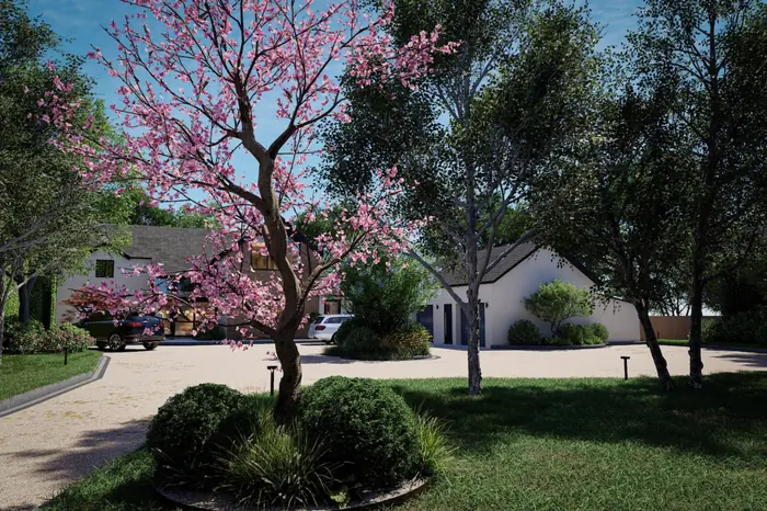 Photoreal hero render of a gravel driveway framed by a blossoming cherry tree and clipped planting mounds